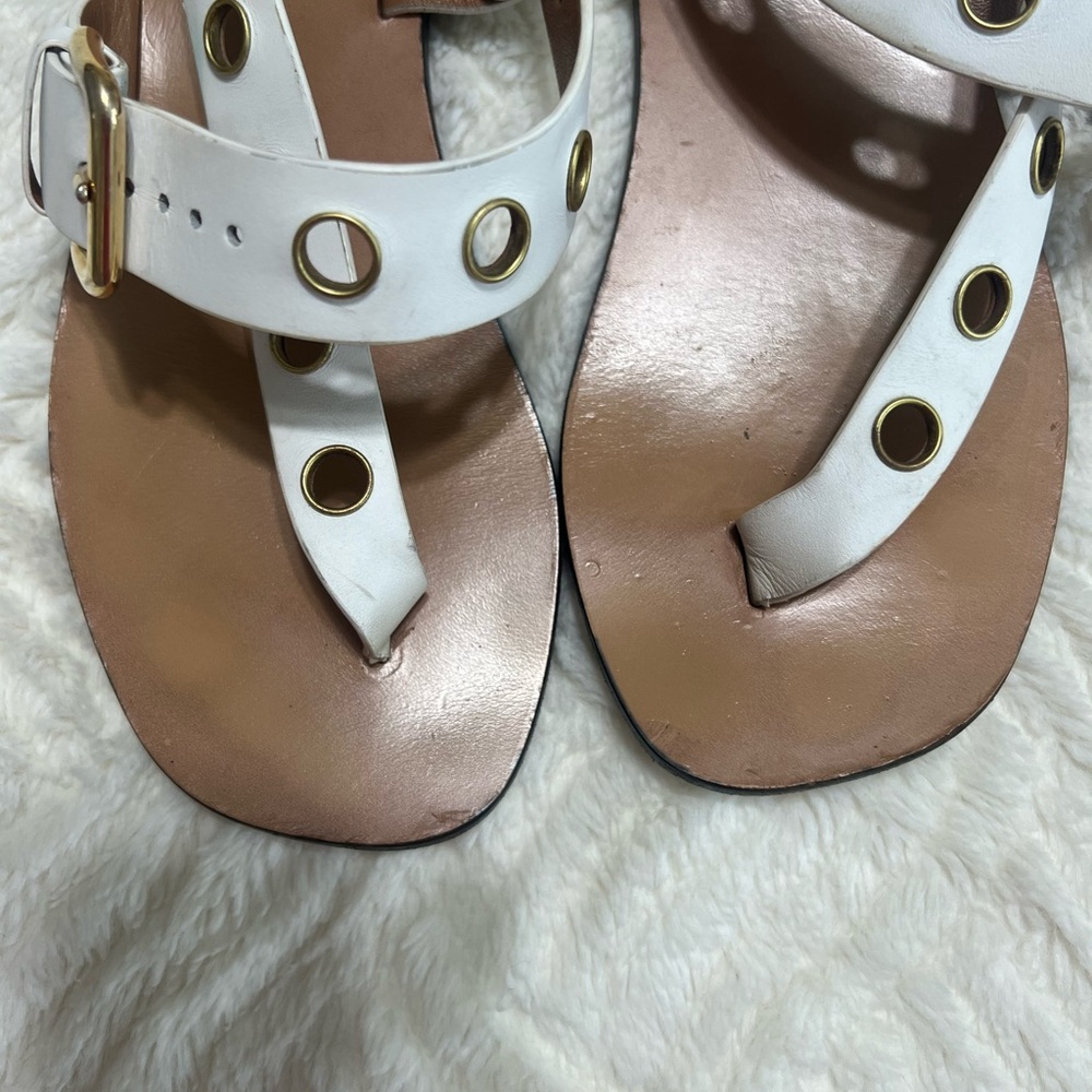 Celine White Leather Grommet Sandals 37.5 Flat Ankle Strap Made in Italy - Picture 10 of 16